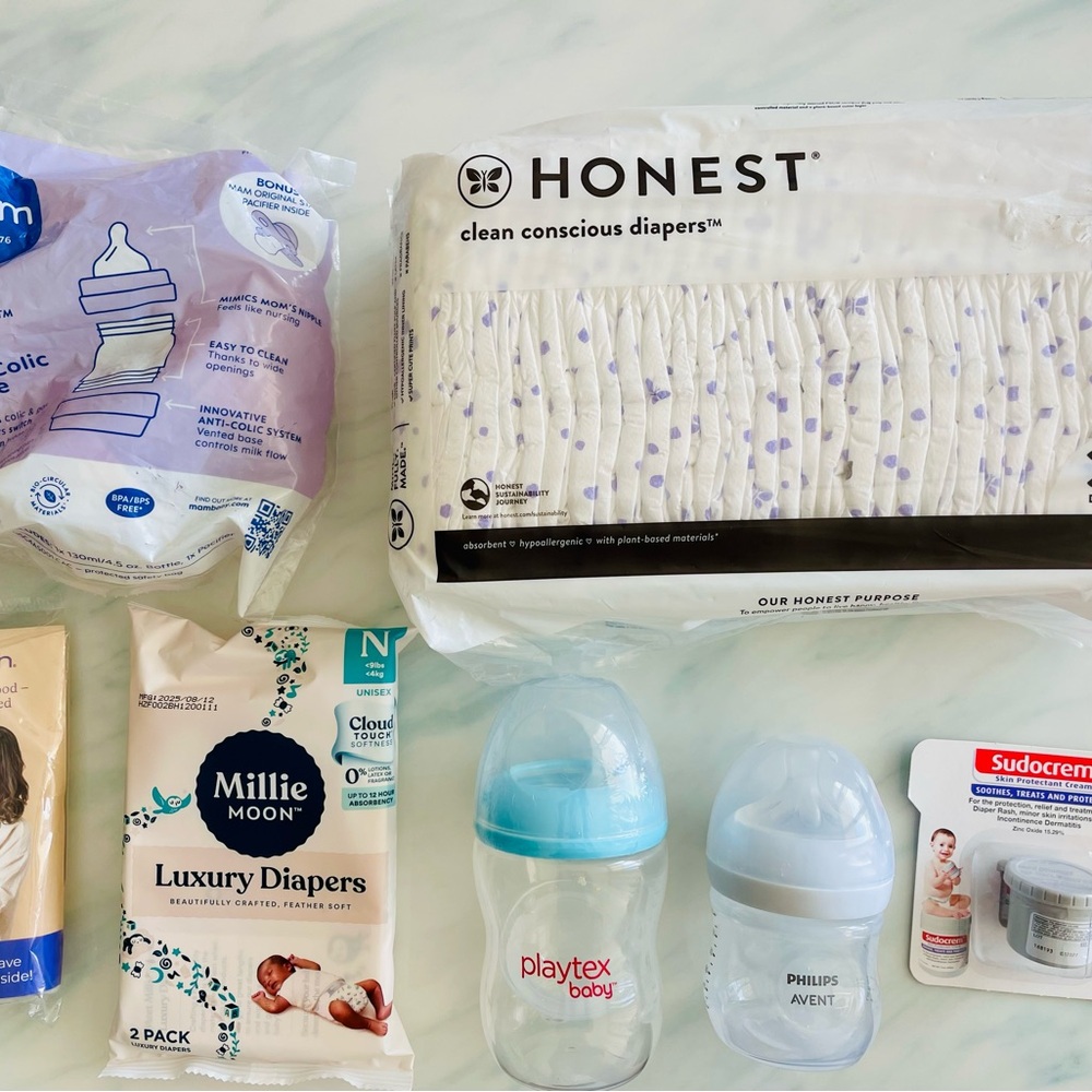 Honest Clean Conscious Diapers #1, three bottles Phillips Avent, Playtex, Mum